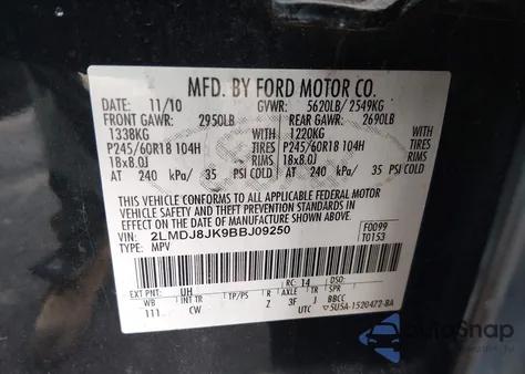 2011 Lincoln Mkx from USA, damaged, VIN 2LMDJ8JK9BBJ09250